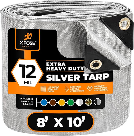 Heavy Duty Silver Poly Tarp 8' X 10' - Multipurpose Protective Cover - Durable, Waterproof, Weather Proof, Rip and Tear Resistant - Extra Thick 12 Mil Polyethylene - by Xpose Safety
