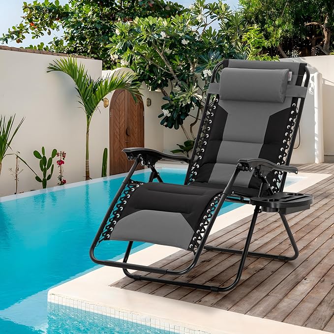 Sophia & William Oversized XL Zero Gravity Recliner Chair Set of 2 Padded, Folding Reclining Lounge Chair with Wide Armrest and Cup Holder, Support 400 LBS, Black