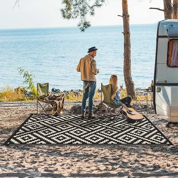 GENIMO 5x8 Outdoor Rug Waterproof, Reversible Mats, Area Rug, Plastic Outside Carpet, Geometric Rv Mat for Patio Camping Rv Picnic Backyard Deck Balcony Porch Beach Trailer (Black & Beige)