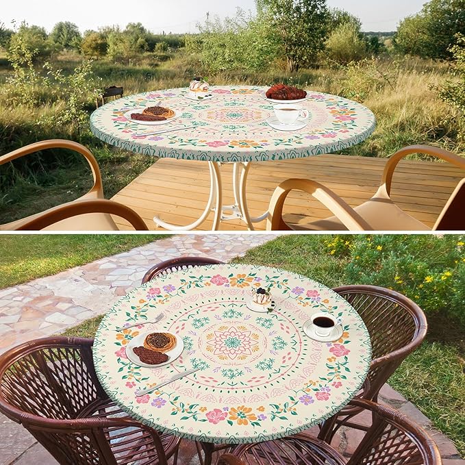 Round Tablecloth Fitted Elastic Table Cover Waterproof Table Cloth for Dinner, Party, Picnic,Camping, Round Table Cover for Indoor Outdoor