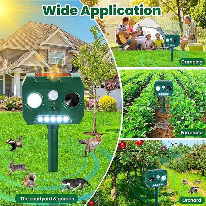 Solar Ultrasonic Animal Repellent Outdoor, 4 Pack Cat Squirrel Raccoon Bird Dog Deer Repellent Devices with PIR Motion Sensor ＆ LED Flash, Waterproof Animal Deterrent for Garden Yard Farm