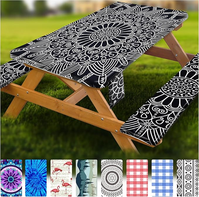 Picnic Table Cover with Bench Covers Vinyl Elastic Edges Fitted Rectangle Tables Seat Waterproof 3-Piece 96X30in Set Outdoor Rectangular Folding Backing Tablecloth Camping Over Size BlackMandala