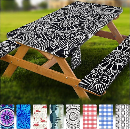 Picnic Table Cover with Bench Covers Vinyl Elastic Edges Fitted Rectangle Tables Seat Waterproof 3-Piece 96X30in Set Outdoor Rectangular Folding Backing Tablecloth Camping Over Size BlackMandala