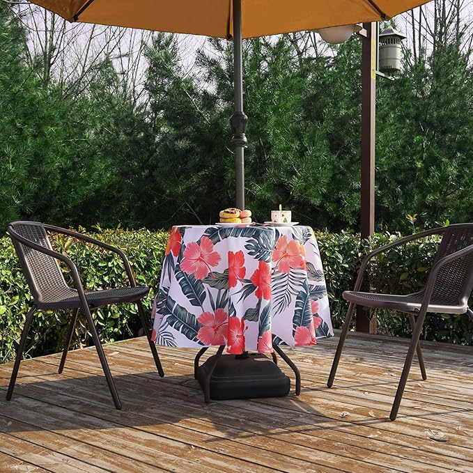 SquarePie Round Outdoor Talecloth, 60'' Waterproof Spill Proof Patio Table Cloth Cover with Umbrella Hole and Zipper for Spring Summer Party Picnic,Palm Leaf Red Flower