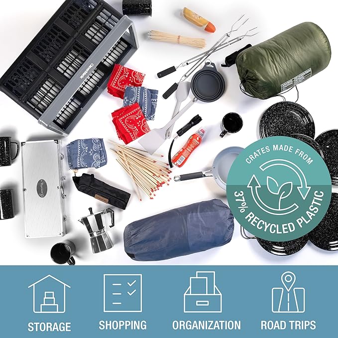 CleverMade Collapsible Utility Crates - Stone 3 Pack 45L / 11 Gal holds 66 lbs - Stackable Containers Heavy Duty Capacity Crates-Space-Saving Baskets