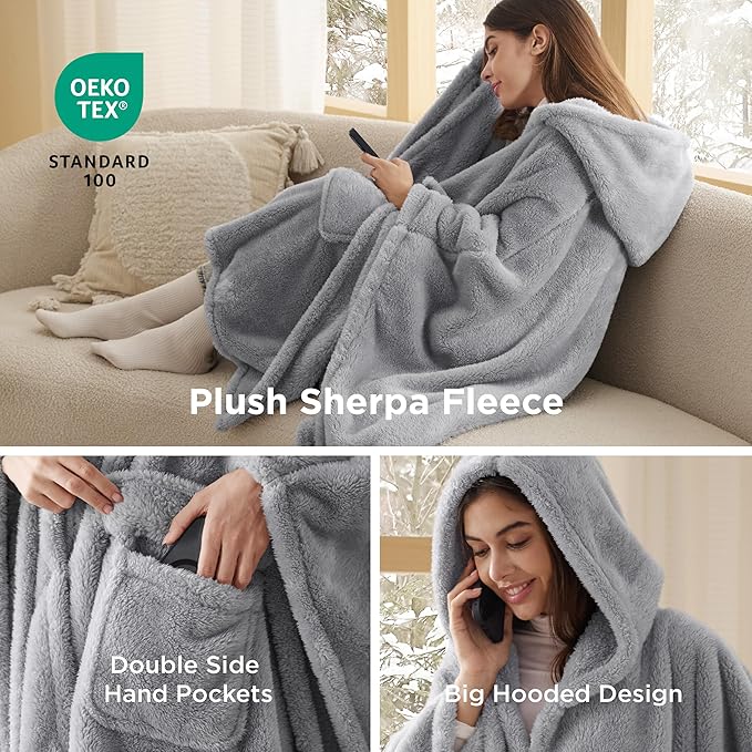 Bedsure Blanket Poncho for Women, Hooded Wearable Fleece Blanket for Adult, Winter Poncho Shawl Wrap Cape as Gifts for Mom