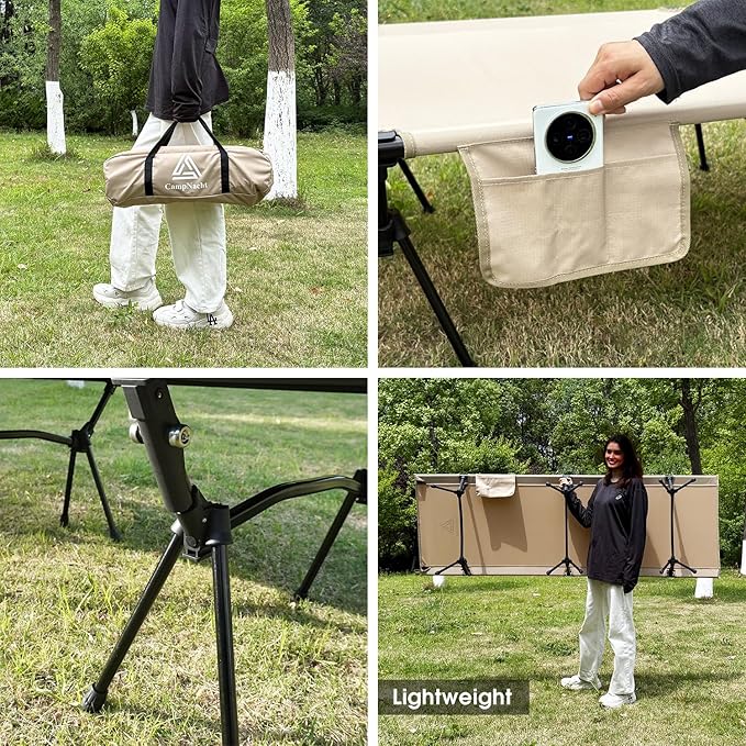 CAMPNACHT Ultralight Camping Cot with Leg Extenders, Aluminum Lightweight Folding Cot for Adults, Portable Backpacking Compact Tent Cot for Outdoor, Hiking, 1 Pack with 2 Use Modes, Khaki