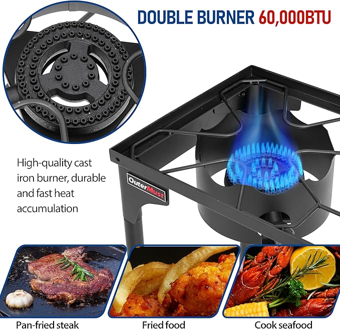 2 Burner Propane Gas Stove with 0-3 PSI Adjustable Regulator and Removable Legs Gas Burners for Cooking Perfect for Home Brewing, Seafood Boil and Camping