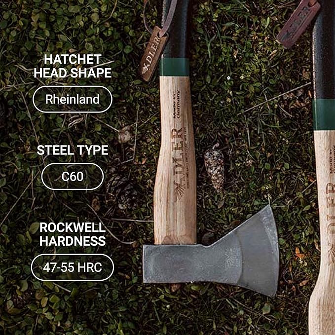 The Rheinland, 14", German Forged, All-Purpose Wilderness Camping Hatchet, Kindling Splitting & Branch Limbing, Anti-Slip Wood Handle (Green Stripe)