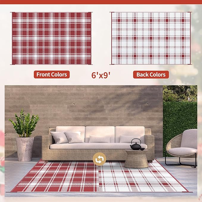 GENIMO Waterproof Outdoor Rug for Patio Clearance, 6'x9' Reversible Plastic Straw Rugs, Lightweight RV Camping Mat for Camper, Balcony, Deck, Backyard, Picnic, Red & White