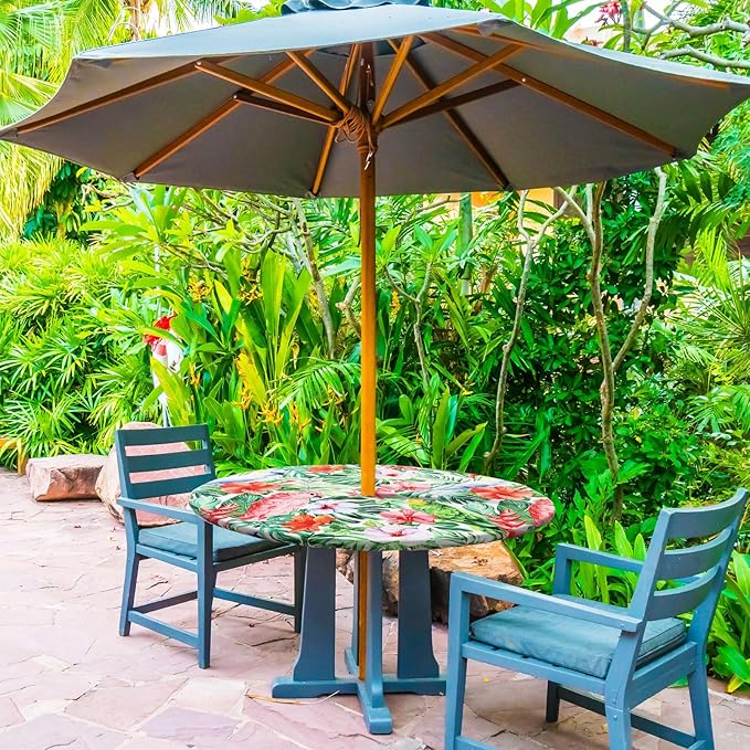 2 Pcs Round Outdoor Tablecloth with Umbrella Hole - Anti-Wrinkle Polyester Tablecloth with Elastic Zipper Table Cover for Summer Patio Camping Party(45''-53'',Hawaii Flamingos)