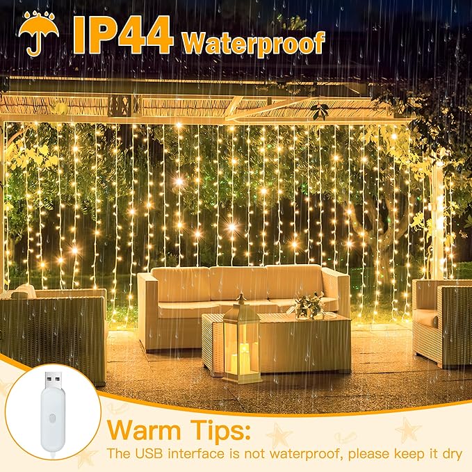 Ollny Curtain Lights 6.6x6.6ft, 200 LED String Lights with Remote 8 Modes Dimmable Timer, USB Power Fairy Light for Bedroom Backdrop Indoor Wall Window Wedding Decor, Warm White