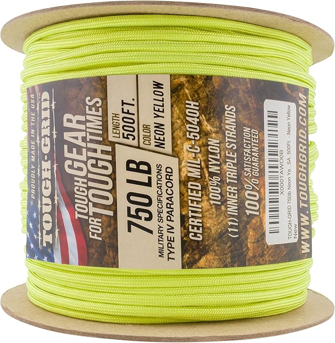 TOUGH-GRID Paracord Rope 750 lbs Nylon Parachute Cord, Made in USA Survival Kit, Outdoor Adventures, Camping, Tactical Gear & Emergency Supplies, Military Type IV Mil-Spec