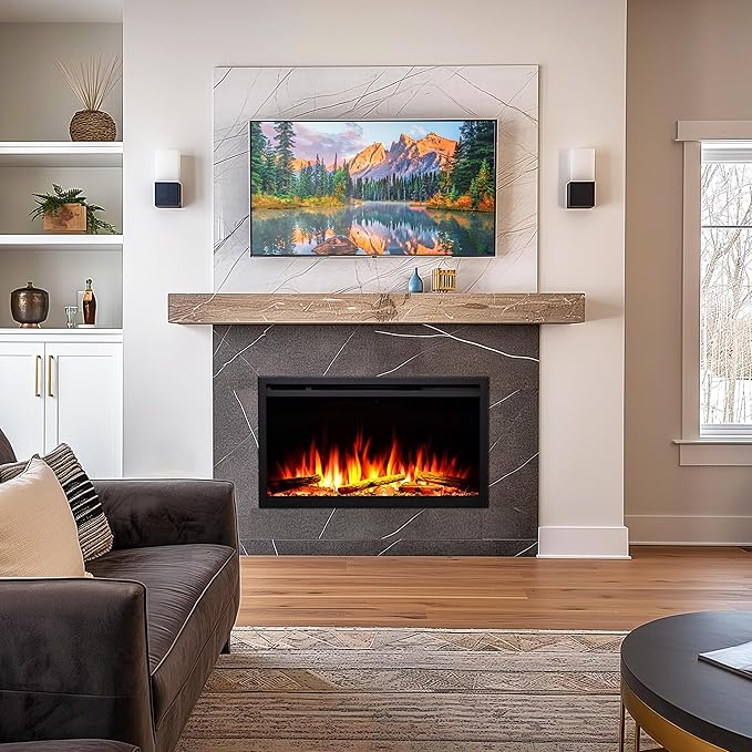 LegendFlame 33" W Smart Wall Mount & in Wall Recessed Electric Fireplace Insert, Heater 750W/1500W, Multi Colors of Flame & Fuel Bed, Alexa/Google Assistant Enabled