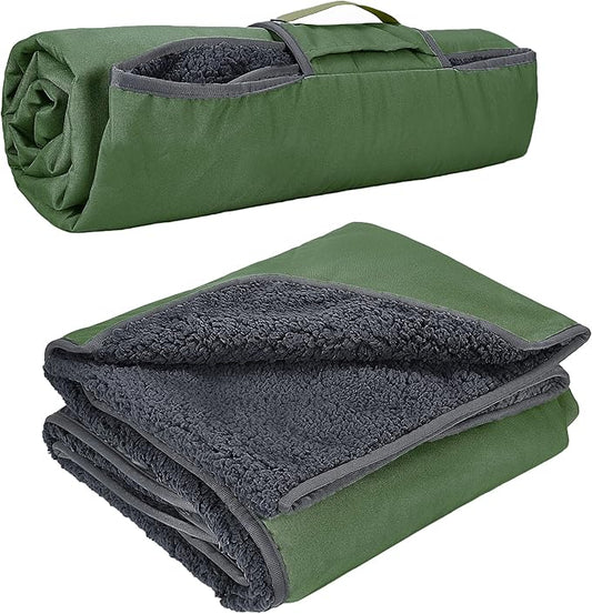 Tirrinia Waterproof Outdoor Blanket with Sherpa Lining, Windproof Triple Layers Warm Comfy Foldable for Camping Stadium, Beach, Picnic, Grass, Concerts, Car, Dog, 51''X 59'' & 59''X 80''