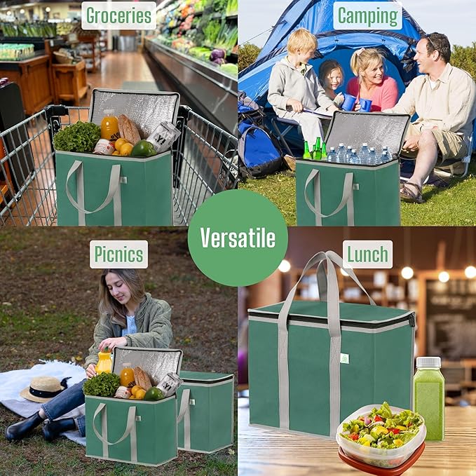 VENO 3 Pack Cooler Bag Insulated Reusable Grocery Shopping Bag, Food Delivery, Heavy Duty, Large Size, Durable Handles, Double Zippers, Lid, Collapsible (Green, 3 Pack)