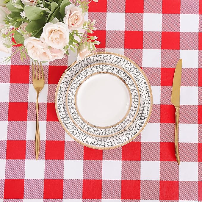 misaya Square Waterproof Vinyl Table Cloth, Buffalo Flannel Backed Tablecloth, Wipeable Plastic Table Cover for Dinner, Kitchen, Outdoor (54" x 54", Red and White)