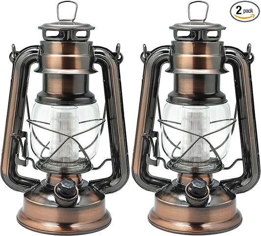 YAKii LED Vintage Lantern Metal Hanging Hurricane 12 LED Dimmer Switch Warm White Battery Operated Power Outage Indoor Camping Lighting Outdoor Brooklyn (Copper 2 Pack)
