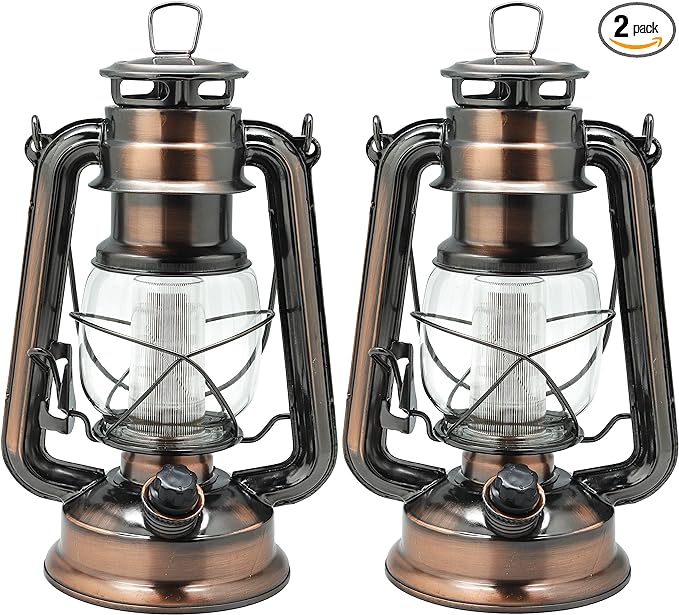 YAKii LED Vintage Lantern Metal Hanging Hurricane 12 LED Dimmer Switch Cold White Battery Operated Power Outage Indoor Camping Lighting Outdoor Brooklyn (Copper 2 Pack)