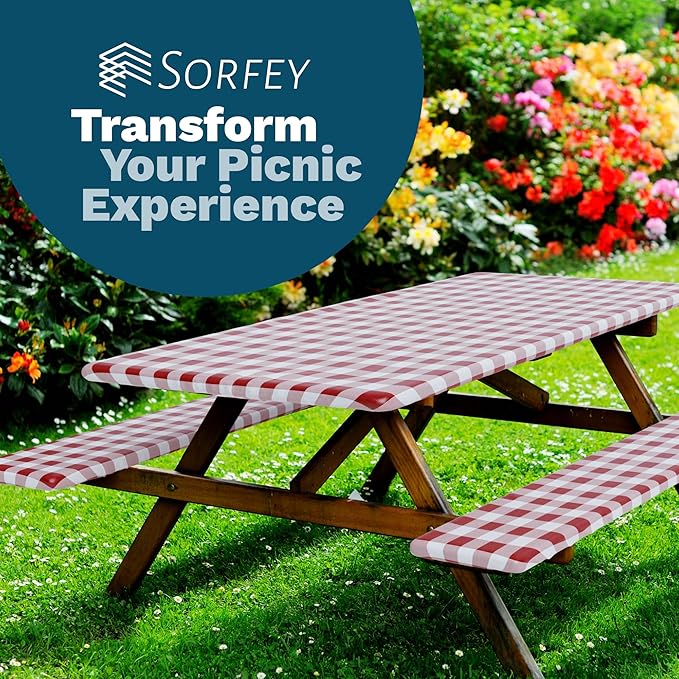 Sorfey Picnic Table Cover with Bench Covers -Fitted with Elastic, Vinyl with Flannel Back, Fits for Table 30"x 96" Rectangle,Water Proof, Checked Yellow Design