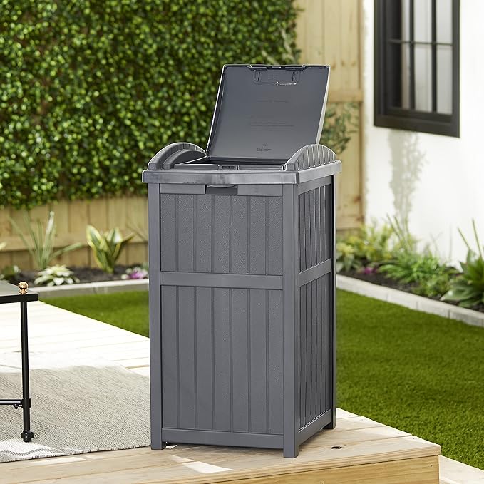 Suncast Outdoor Trash Hideaway, Resin Refuse Container w/ Lid, Cyberspace, 30 Gallon Capacity - Stylish Concealed Waste Storage for Patio, Backyard, Deck or Garden, Use 30-33 Gal. Garbage Can Liners