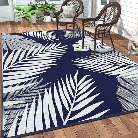 GENIMO Outdoor Rug 9' x 18' Waterproof for Patios Clearance, Reversible Outdoor Plastic Straw Camping Rug Carpet, Large Area Rugs Mats for RV, Camper, Deck, Balcony, Porch, Beach, Navy Blue&White