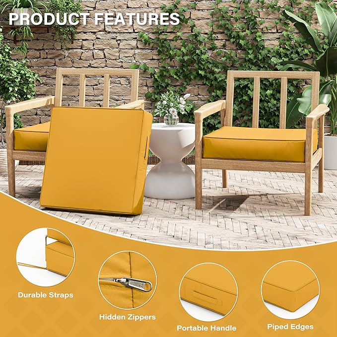 Patio Chair Cushions 24 X 24 X 5 Inch Waterproof Outdoor Seat Cushions for Patio Furniture, Outdoor Sofa Couch Pads with Ties & Handle, Set of 2, Yellow