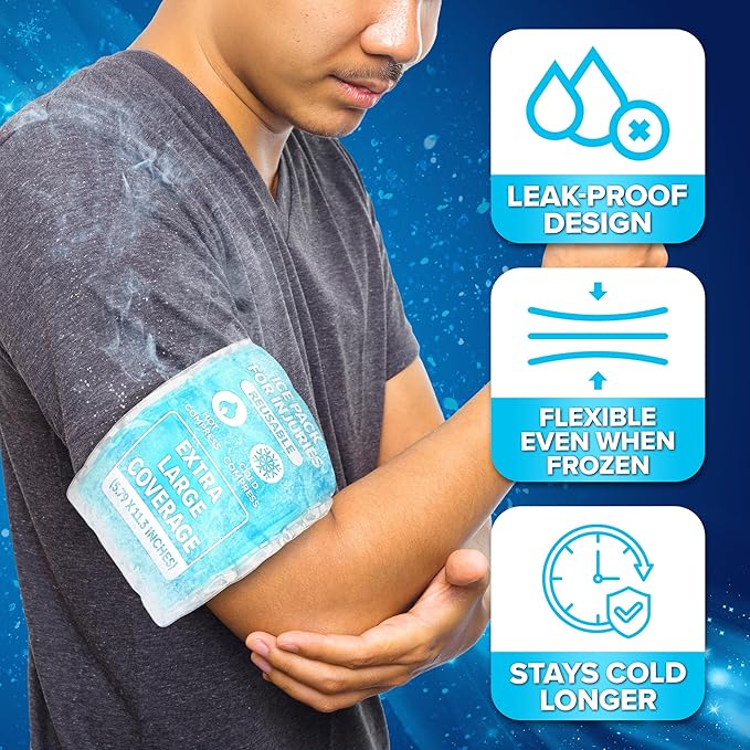 JJ CARE Ice Packs for Injuries Reusable (Pack of 2, XL) - Gel Ice Packs Reusable - Soft Ice Pack for Injuries with Wrap - Flexible Therapy, for Knee, Back, Neck, Wrist, & Ankle