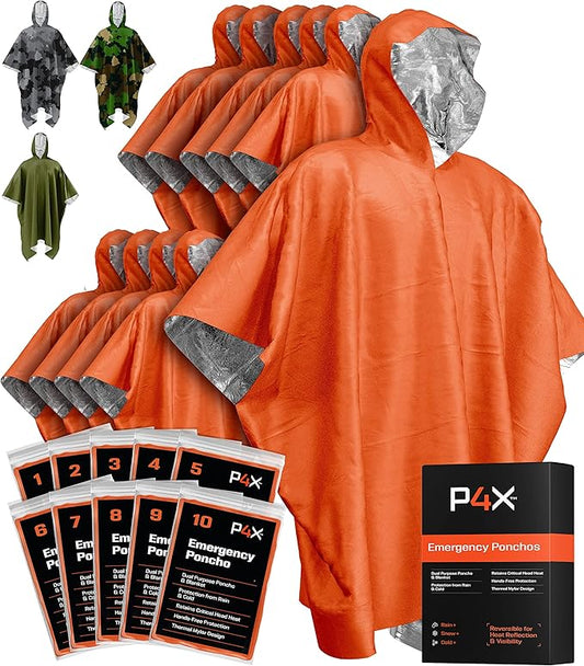 PREPARED4X Emergency Poncho and Mylar Blanket Liner - Waterproof, Wind-Resistant Outdoor Rain Poncho for Camping, Emergencies