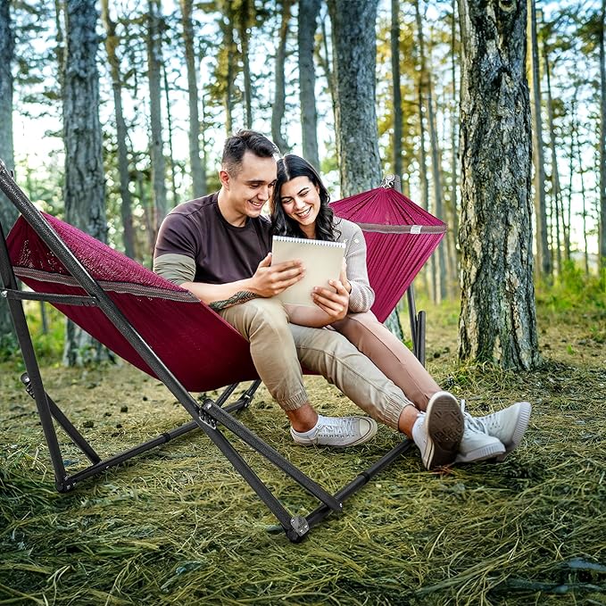 Tranquillo Universal Double Hammock with Stand Included for 2 Persons/Foldable Hammock Stand 600 lbs Capacity Portable Case - Inhouse, Outdoor, Camping, Red