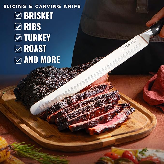 Cutluxe Slicing Carving Knife – 12" Brisket Knife, Meat Cutting and BBQ Knife – Razor Sharp German Steel, Sheath Included, Full Tang, Ergonomic Handle Design – Artisan Series