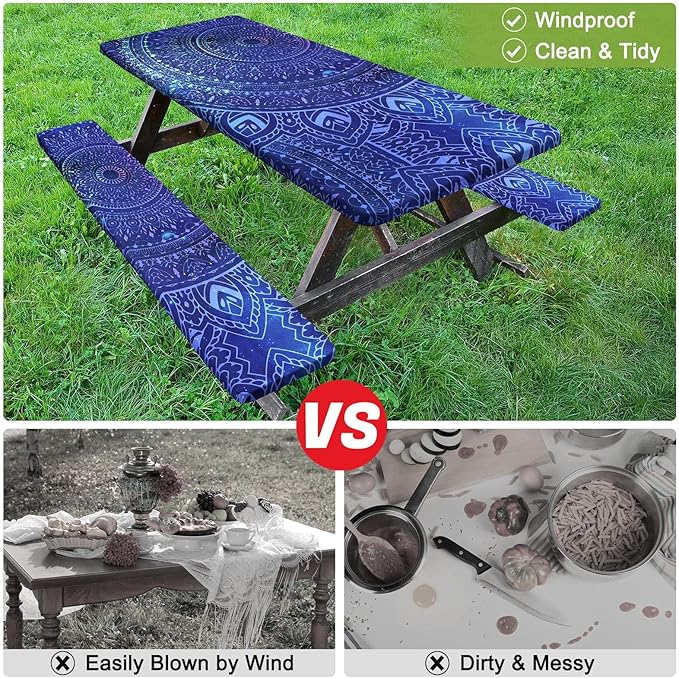 Picnic Table Cover with Bench Covers Camping Tablecloth with Storage Bag Windproof Waterproof Picnic Table Covers with Elastic for Camping