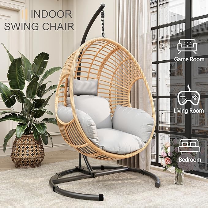 Oversized Hanging Egg Chair Outdoor Indoor, Wicker Swing Egg Chair with Stand 400lbs Capacity for Bedroom, Patio, Garden and Balcony (Beige-Regular, Oversize)