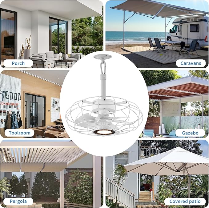 Outdoor Ceiling Fans with Lights, 15''White Hanging Gazebo Fan,3-Color LED Light, Adjustable Height, 6 speeds, Waterproof Plug in Caged Lighting for Patios, Pergola