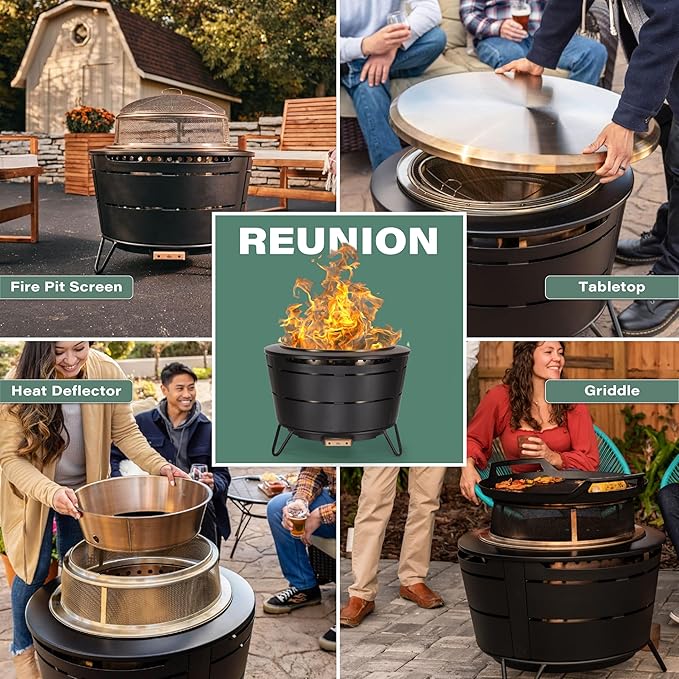TIKI 27.5-Inch Smokeless Reunion Fire Pit, Large Outdoor Fire Pit for Gatherings, Wood Burning with Removable Ash Pan & Weather-Resistant Cover, Modern Black Design – Perfect for Patio & Backyard