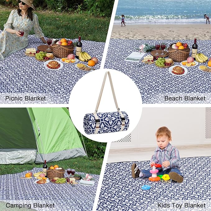 Picnic Blanket, 80''x80'' Waterproof Outdoor Blankets, Picnic Mat Washable for Beach, Picnic Blankets for Camping on Grass with Shoulder Strap - NavyBlue