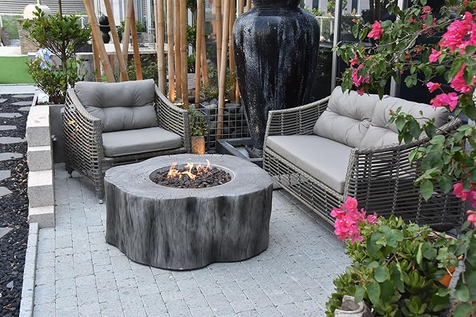 Elementi | Bundle Manchester Gas Fire Pit Cast Concrete Semi-Round Fire Table, Outdoor Fire Pit Electronic Ignition | Canvas Cover, Lava Rock Included | Classic Gray (Propane Gas)