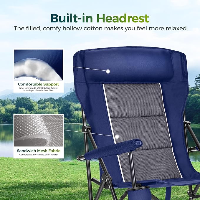 ALPHA CAMP Oversized Folding Camping Chairs High Backrest Heavy Duty Lawn Chairs for Adults Support 500 LBS Portable Camp Chairs with Cup Holders Large Side Pocket Outdoor Chair 2 Pack