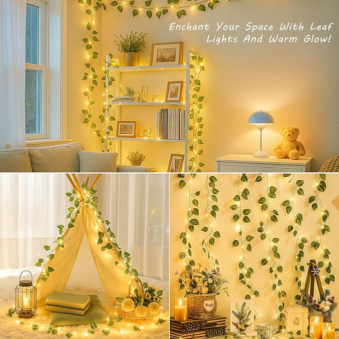 YOUNGAR Vine with Fairy Lights Battery/USB Operated,23ft 73 LED Pothos String Lights with Memory and Timer,Leaf Lights for Bedroom, Room, Garden, Party, Wedding,Wall Decor (Warm White)