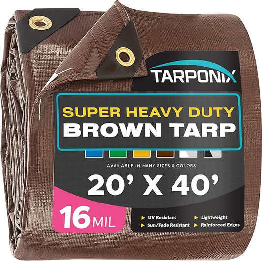Super Heavy-Duty Brown Tarp 20' x 40' – 16 Mil Thick, All-Weather Waterproof Cover with Reinforced Edges and Sturdy Grommets