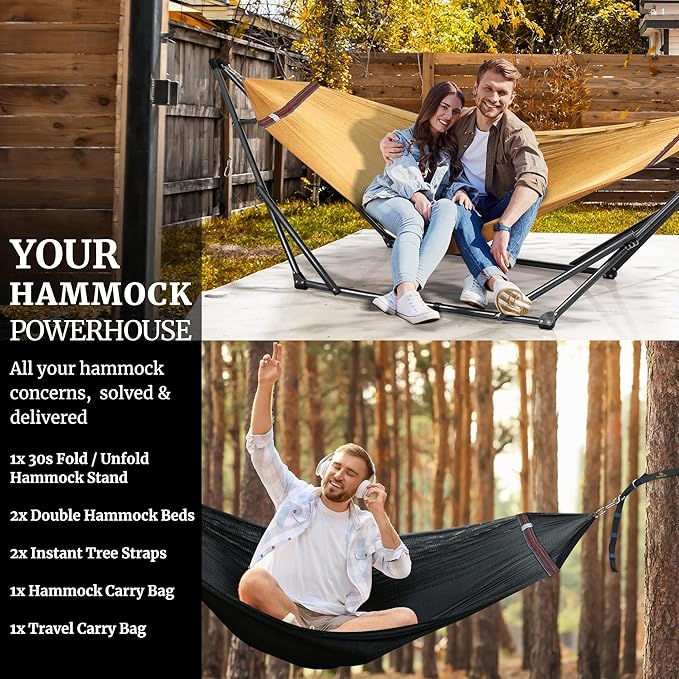 Tranquillo Universal Hammock with Stands Electro Static Coated Steel, Adjustable Foldable Hammock Stand with 2 Layered Polyester Net and Carry Bag for 2 Persons (Combo - Yellow)