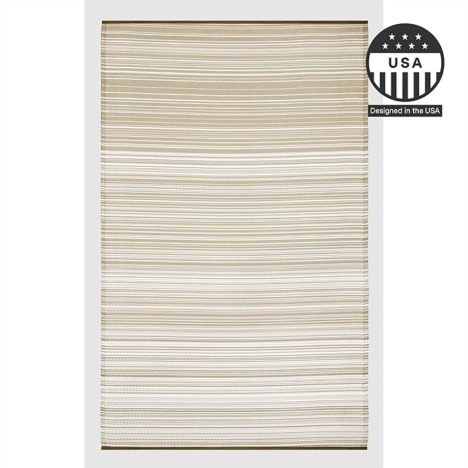 FH Home Outdoor Camping Rug - Waterproof, Fade Resistant, Reversible - Premium Recycled Plastic - Striped - Large Patio, Deck, Sunroom, RV - Havana - Beige - 4 x 6 ft Foldable