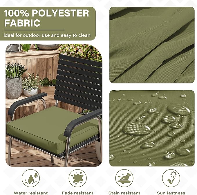 Patio Chair Cushions 17 X 16 X 3 Inch Waterproof Outdoor Seat Cushions for Patio Furniture, Outdoor Sofa Couch Pads with Ties & Handle, Set of 2, Light Green