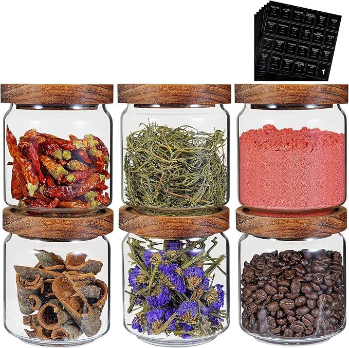Small Glass Jars with Labels Spice Jar Round Storage Canister with Wooden Lid Clear Glass Food Jar for Pantry Sugar Tea Coffee Bean Spice Nuts Cookies Bath Salts (6 * 420ml(14oz))