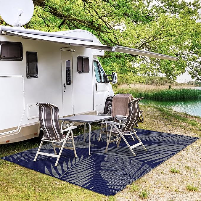 GENIMO Outdoor Rug 5' x 8' Waterproof for Patios Clearance, Reversible Outdoor Plastic Straw Camping Rug Carpet, Large Area Rugs Mats for RV, Picnic, Backyard, Deck, Balcony, Porch, Beach, Blue&Grey