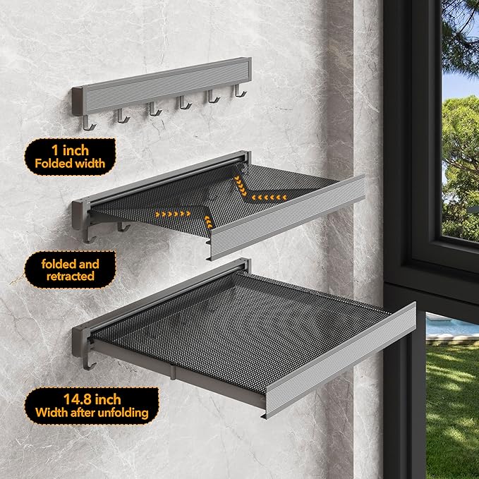 Wall Mounted Drying Rack with Net - Laundry Drying Rack for Shoes, Socks, Underwear - Folding, Retractable, Collapsible