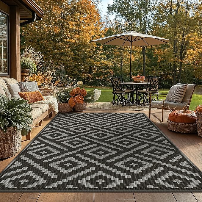 GENIMO Outdoor Rugs 8x10 Waterproof, Reversible Mats, Area Plastic Straw Rug, Outside Carpet, Geometric Rv Mat for Patio Camping Rv Picnic Backyard Deck Balcony Porch Beach Trailer (Black & Grey)