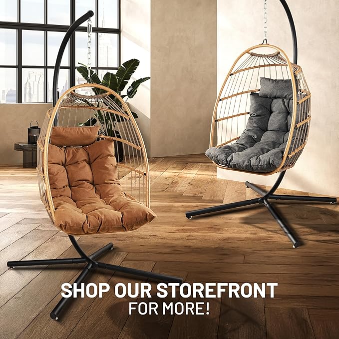SereneLife Foldable Egg Chair with Stand – Hanging Rattan Wicker Swing for Indoor Outdoor Use – 350 lbs Capacity, Breathable Cushion & Headrest – Patio, Balcony, Porch, Bedroom Lounge Furniture