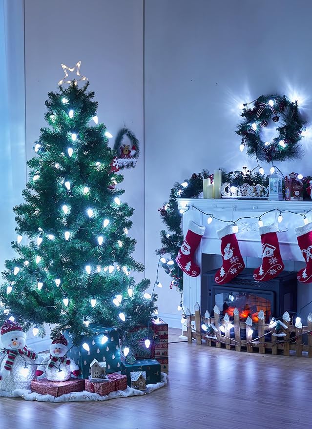 C9 LED Christmas Lights Outdoor, 81 Feet 100 LED String Lights with Timer & 8 Lighting Mode, Waterproof Commercial Grade Extendable for Indoor Outside Roofline Patio Home Xmas Decoration, Pure White