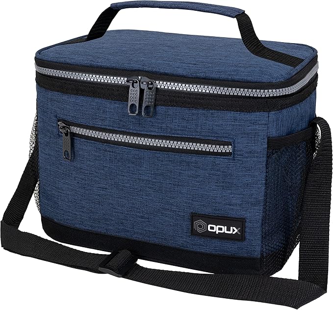 opux Insulated Lunch Box Men Women, Lunch Bag for Work School, Leakproof Soft Cooler Tote Adult, Large Lunch Pail Kids Boys Girls, Picnic Beach Food Bag with Shoulder Strap, Heather Navy